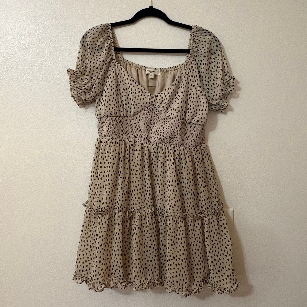No Comment Chic Flowy Ruffled Dress Black Dot‎ Tan Women's Large